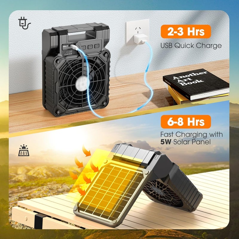 JINLICTE Solar Camping Fan with LED Lantern, 10400mAh 10W Solar Panel fan, Quiet Battery Operated Tent Fan for Picnic, Barbecue, Fishing, Travel - Image 2